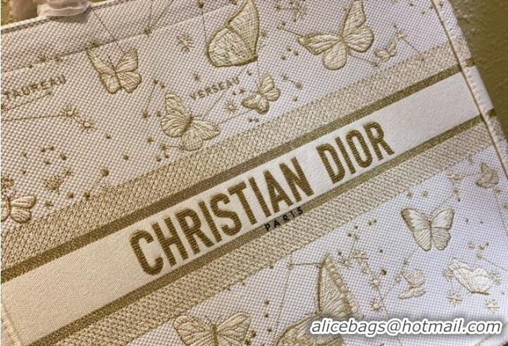 Promotional LARGE DIOR BOOK TOTE Gold-Tone and White Butterfly Zodiac Embroidery M1286ZT