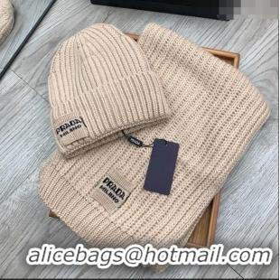 Famous Brand Prada Knit Hat and Scarf Set 1108 Beige 2023