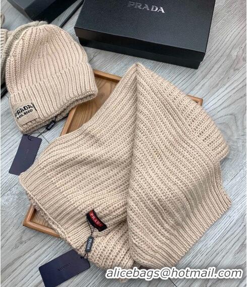 Famous Brand Prada Knit Hat and Scarf Set 1108 Beige 2023