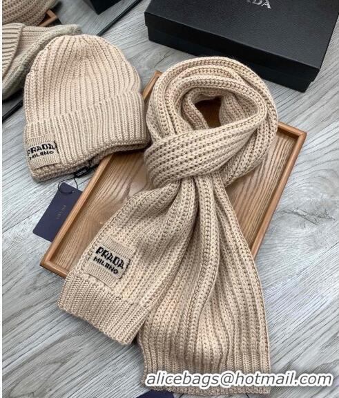 Famous Brand Prada Knit Hat and Scarf Set 1108 Beige 2023