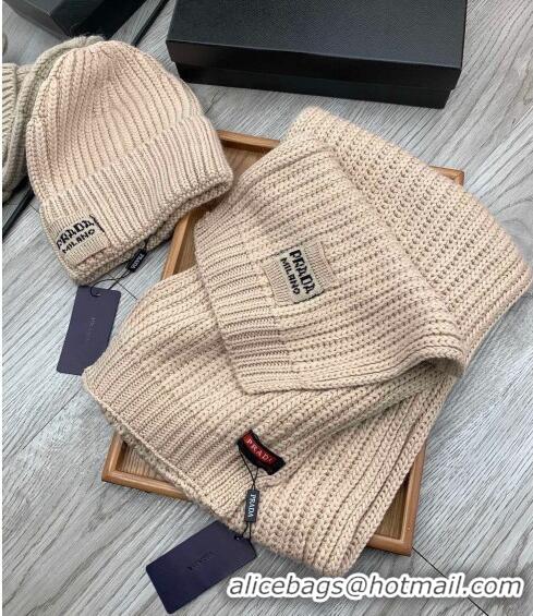 Famous Brand Prada Knit Hat and Scarf Set 1108 Beige 2023