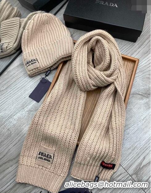 Famous Brand Prada Knit Hat and Scarf Set 1108 Beige 2023