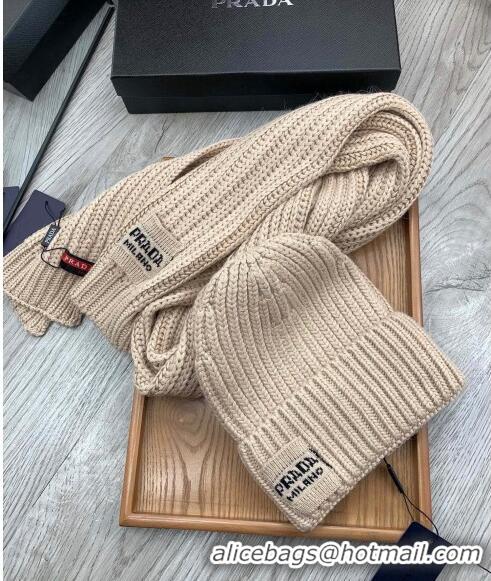 Famous Brand Prada Knit Hat and Scarf Set 1108 Beige 2023