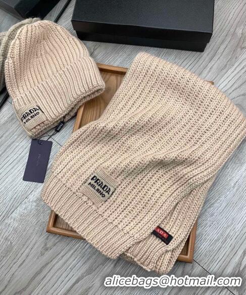 Famous Brand Prada Knit Hat and Scarf Set 1108 Beige 2023