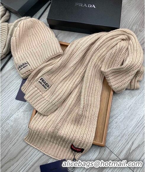 Famous Brand Prada Knit Hat and Scarf Set 1108 Beige 2023