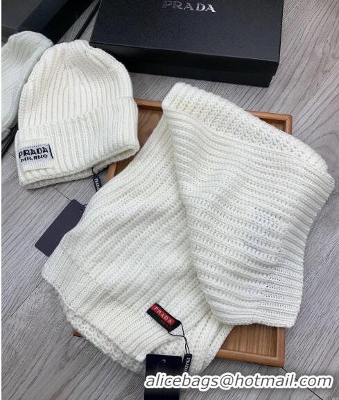 Top Design Prada Knit Hat and Scarf Set 1108 White 2023