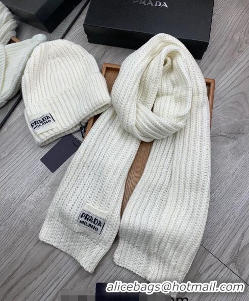 Top Design Prada Knit Hat and Scarf Set 1108 White 2023