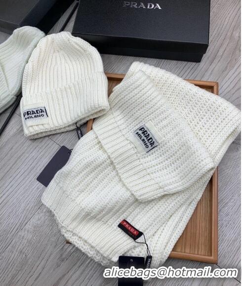 Top Design Prada Knit Hat and Scarf Set 1108 White 2023