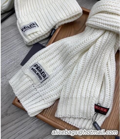 Top Design Prada Knit Hat and Scarf Set 1108 White 2023