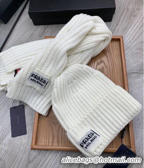 Top Design Prada Knit Hat and Scarf Set 1108 White 2023