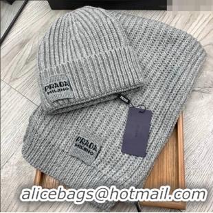 Top Design Prada Knit Hat and Scarf Set 1108 Grey 2023