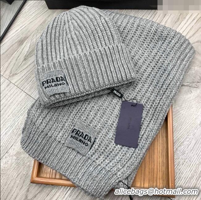 Top Design Prada Knit Hat and Scarf Set 1108 Grey 2023