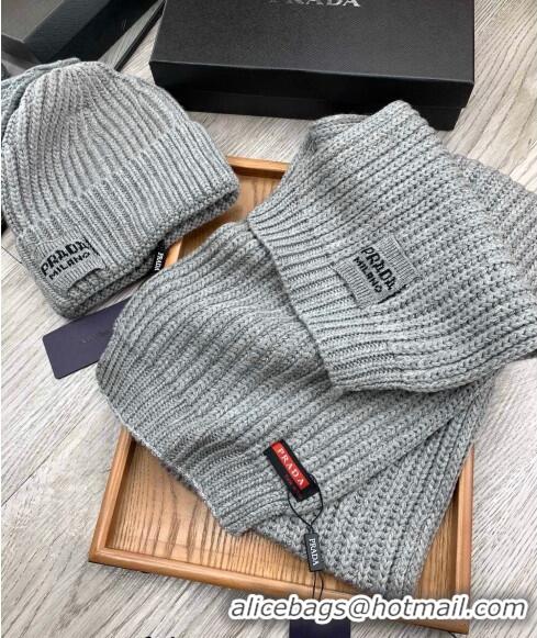 Top Design Prada Knit Hat and Scarf Set 1108 Grey 2023