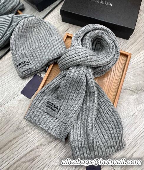 Top Design Prada Knit Hat and Scarf Set 1108 Grey 2023