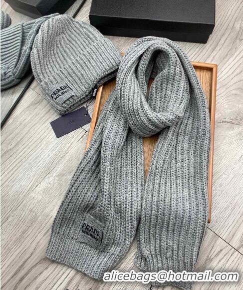 Top Design Prada Knit Hat and Scarf Set 1108 Grey 2023