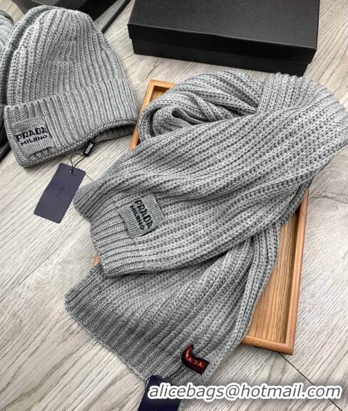 Top Design Prada Knit Hat and Scarf Set 1108 Grey 2023