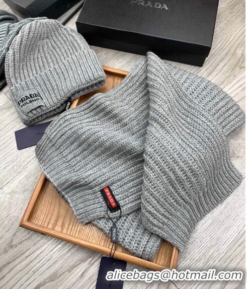 Top Design Prada Knit Hat and Scarf Set 1108 Grey 2023