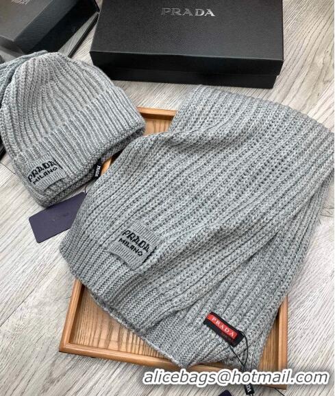 Top Design Prada Knit Hat and Scarf Set 1108 Grey 2023