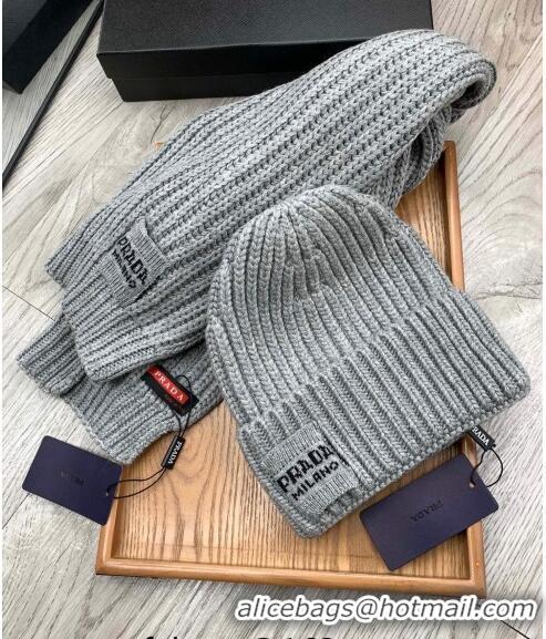 Top Design Prada Knit Hat and Scarf Set 1108 Grey 2023