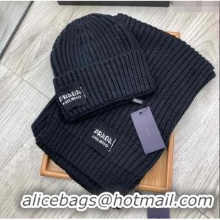 Famous Brand Prada Knit Hat and Scarf Set 1108 Black 2023