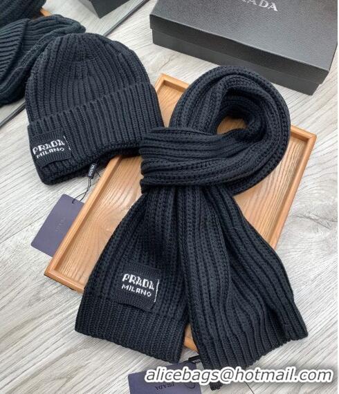 Famous Brand Prada Knit Hat and Scarf Set 1108 Black 2023