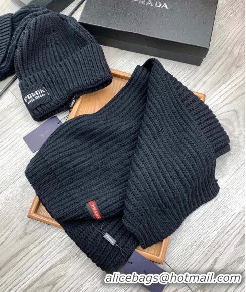 Famous Brand Prada Knit Hat and Scarf Set 1108 Black 2023