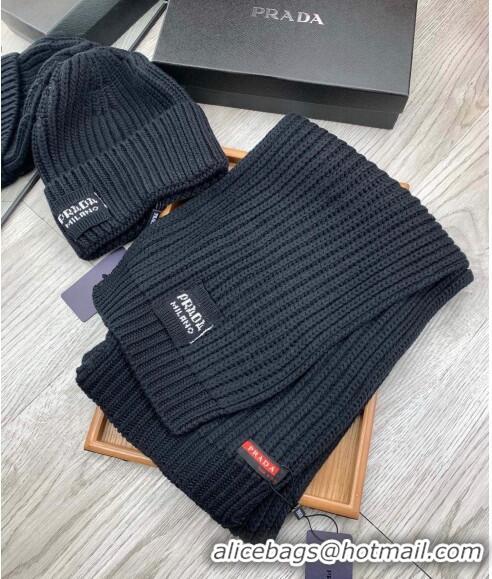 Famous Brand Prada Knit Hat and Scarf Set 1108 Black 2023