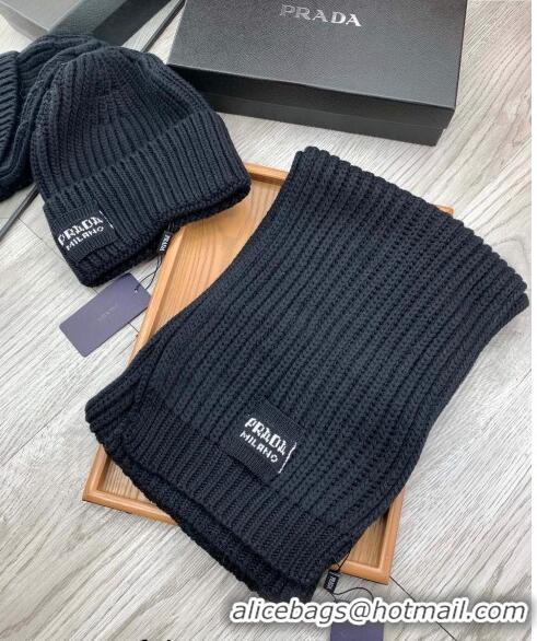 Famous Brand Prada Knit Hat and Scarf Set 1108 Black 2023