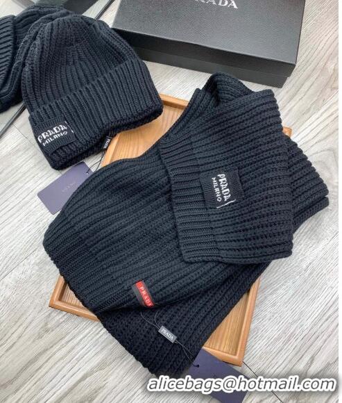 Famous Brand Prada Knit Hat and Scarf Set 1108 Black 2023