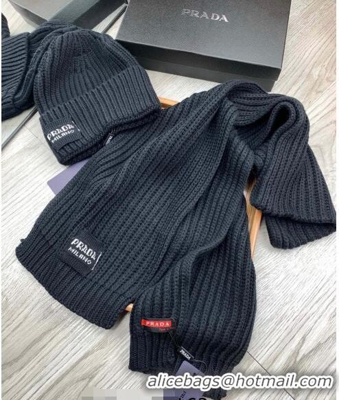 Famous Brand Prada Knit Hat and Scarf Set 1108 Black 2023