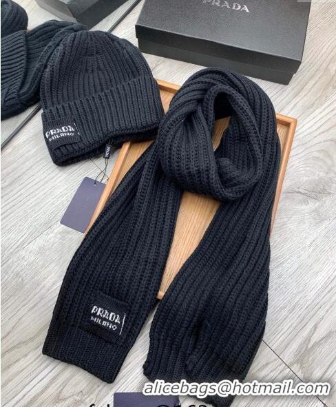 Famous Brand Prada Knit Hat and Scarf Set 1108 Black 2023