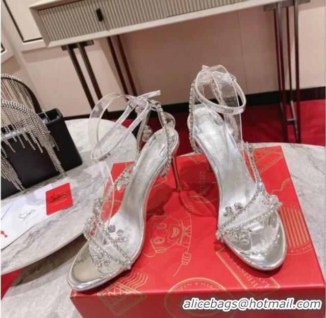 Buy Duplicate Christian Louboutin Joli Queenie High Heel Sandals 10cm with Crystals Strap Silver 1014019