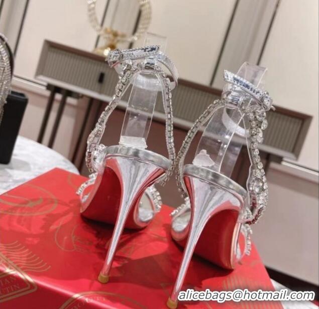 Buy Duplicate Christian Louboutin Joli Queenie High Heel Sandals 10cm with Crystals Strap Silver 1014019