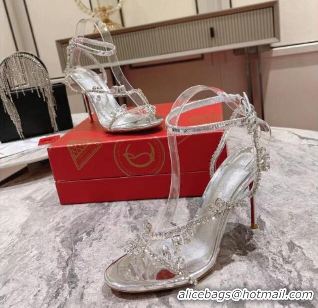 Buy Duplicate Christian Louboutin Joli Queenie High Heel Sandals 10cm with Crystals Strap Silver 1014019