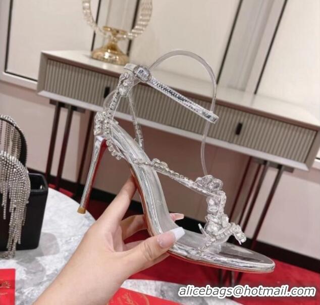 Buy Duplicate Christian Louboutin Joli Queenie High Heel Sandals 10cm with Crystals Strap Silver 1014019