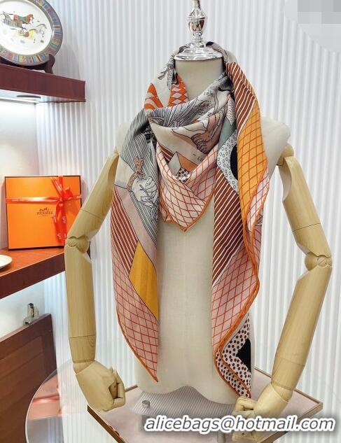 New Design Hermes Cashmere & Silk Sqaure Shawl 140cm H11702 Orange 2023