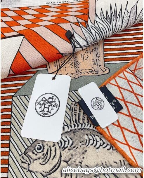 New Design Hermes Cashmere & Silk Sqaure Shawl 140cm H11702 Orange 2023