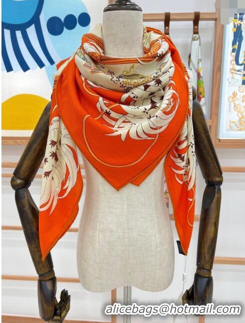 Top Quality Hermes Cashmere & Silk Legende Brodee Sqaure Shawl Scarf 140cm H11720 Orange 2023