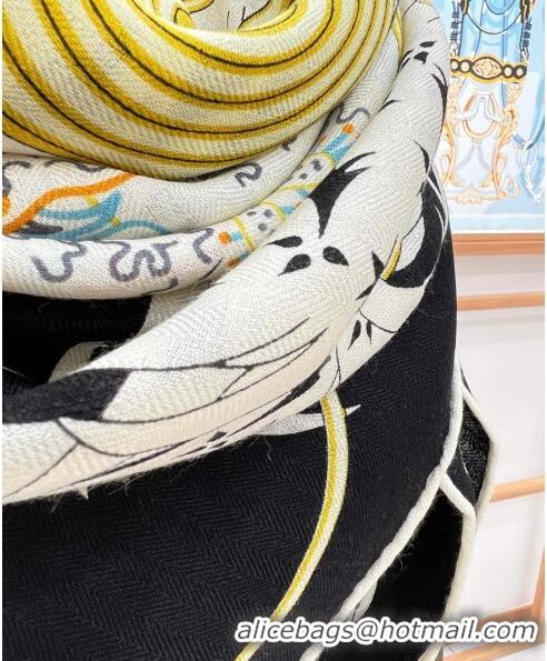 New Style Hermes Cashmere & Silk Legende Brodee Sqaure Shawl Scarf 140cm H11721 Black 2023