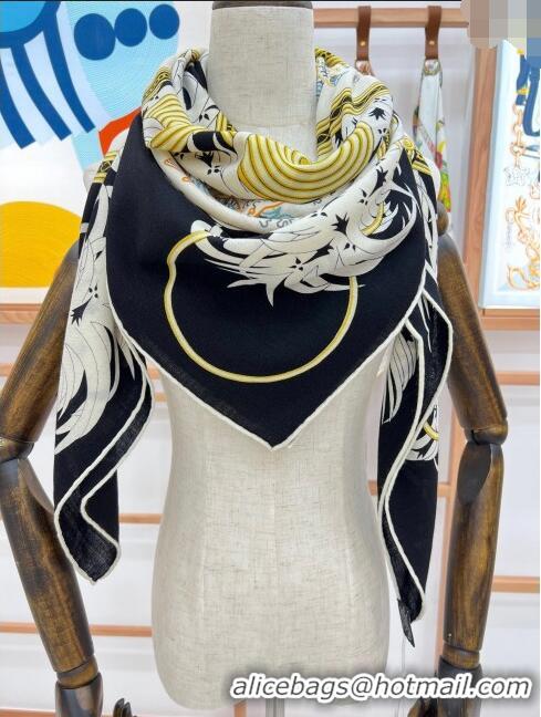 New Style Hermes Cashmere & Silk Legende Brodee Sqaure Shawl Scarf 140cm H11721 Black 2023