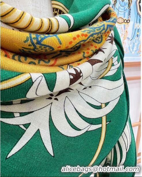 Best Price Hermes Cashmere & Silk Legende Brodee Sqaure Shawl Scarf 140cm H11722 Green 2023