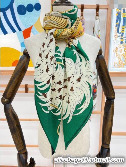 Best Price Hermes Cashmere & Silk Legende Brodee Sqaure Shawl Scarf 140cm H11722 Green 2023