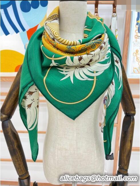 Best Price Hermes Cashmere & Silk Legende Brodee Sqaure Shawl Scarf 140cm H11722 Green 2023