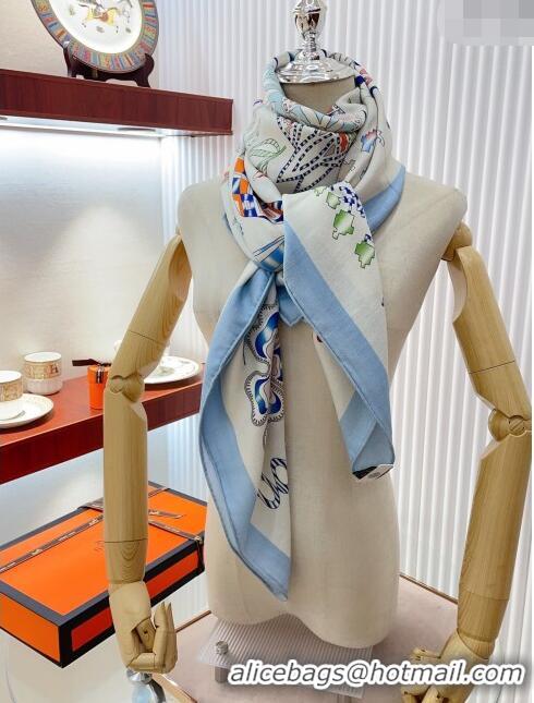 Top Quality Hermes Cashmere & Silk En Attendant Ulysse Shawl 140cm H11731 Light Blue 2023