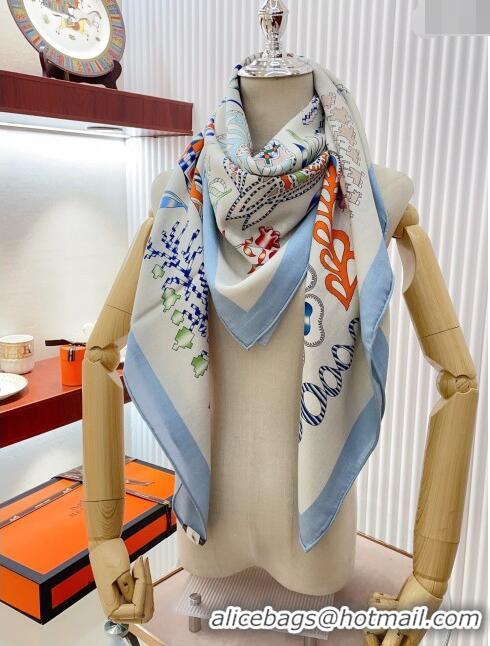 Top Quality Hermes Cashmere & Silk En Attendant Ulysse Shawl 140cm H11731 Light Blue 2023