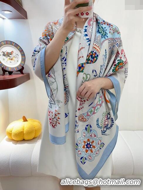 Top Quality Hermes Cashmere & Silk En Attendant Ulysse Shawl 140cm H11731 Light Blue 2023