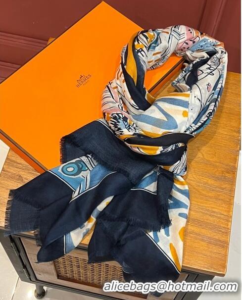 Unique Grade Hermes Cashmere Long Scarf 200x100cm H11736 Black/Blue 2023