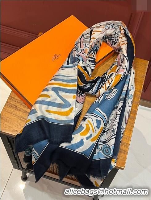 Unique Grade Hermes Cashmere Long Scarf 200x100cm H11736 Black/Blue 2023