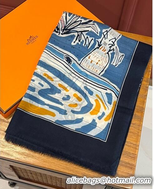 Unique Grade Hermes Cashmere Long Scarf 200x100cm H11736 Black/Blue 2023