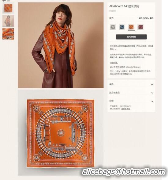 Low Cost Hermes Cashmere & Silk All Aboard！Sqaure Shawl Scarf 140cm H111820 Orange 2023